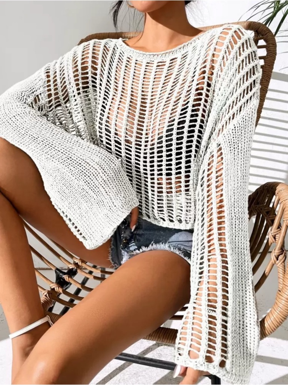 SHEIN White Crochet Open-Knit Long Sleeve Swim Coverup